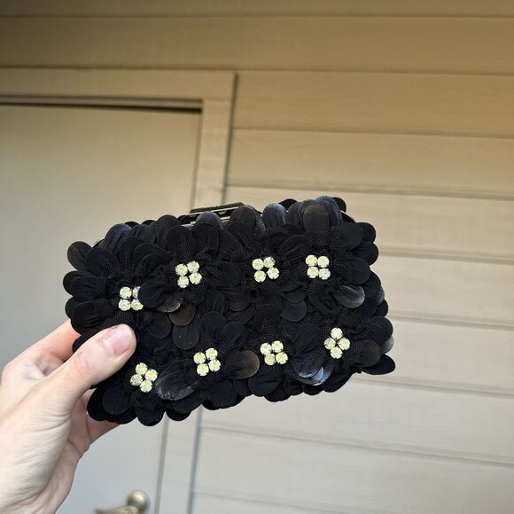 Anne Fontaine Handcrafted Beaded Floral Evening Bag  Clutch Floral Black Gold - Picture 2 of 11